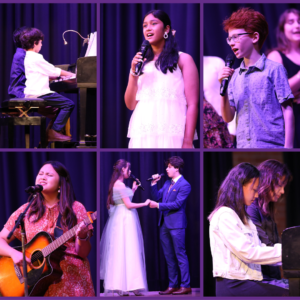 Six photos in a collage. There are two young brothers playing a piano duet, a teenage girl in a white dress singing, a red-headed young boy singing with other people in the background, a young woman singing with a guitar, a young woman and a young man facing eachother and singing while holding hands, and a pair of teenage twin girls playing a piano duet.